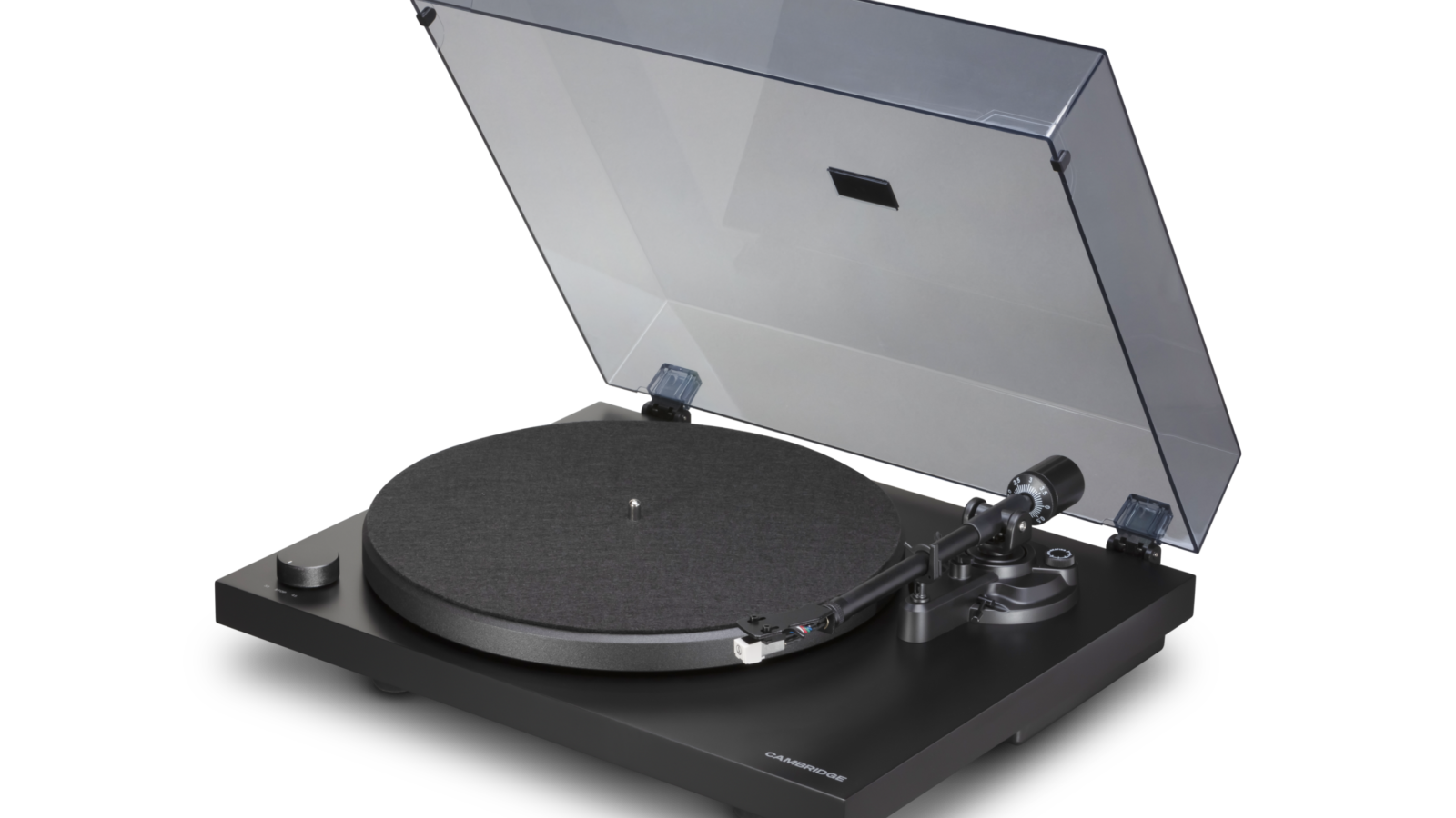 Toca-discos Cambridge Audio Spira na cor preta, com prato de aço, braço reto de alumínio e cápsula Audio-Technica