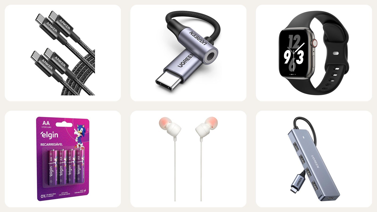 Cabos Anker, adaptador UGREEN, pulseira de Apple Watch, pilhas Elgin, fone JBL e hub UGREEN