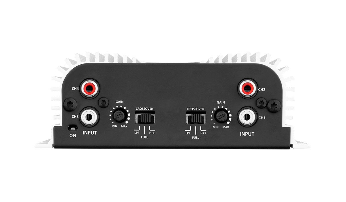 Painel do módulo amplificador Taramps TS 400X4 com entradas RCA, chaves de crossover LPF/FULL/HPF e botões GAIN com marcação de mínimo a máximo