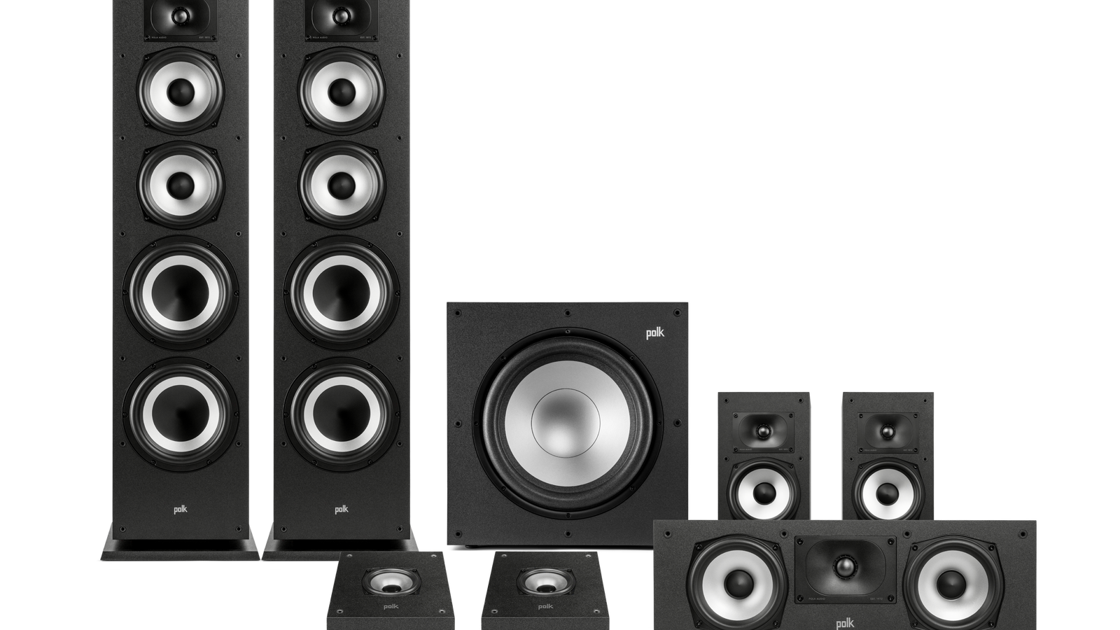 Conjunto de caixas Polk Audio Monitor XT para home theater: duas torres, caixa central horizontal, duas bookshelfs de surround, dois módulos de altura Dolby Atmos e subwoofer