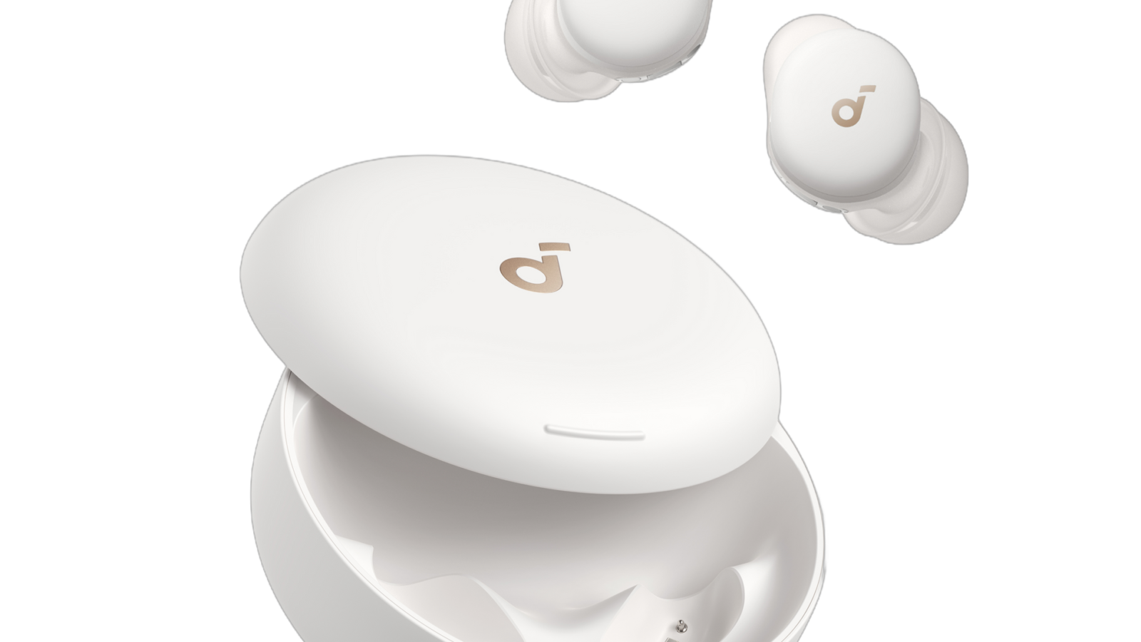 Fones para dormir Soundcore Sleep A30 brancos ao lado do case de recarga aberto