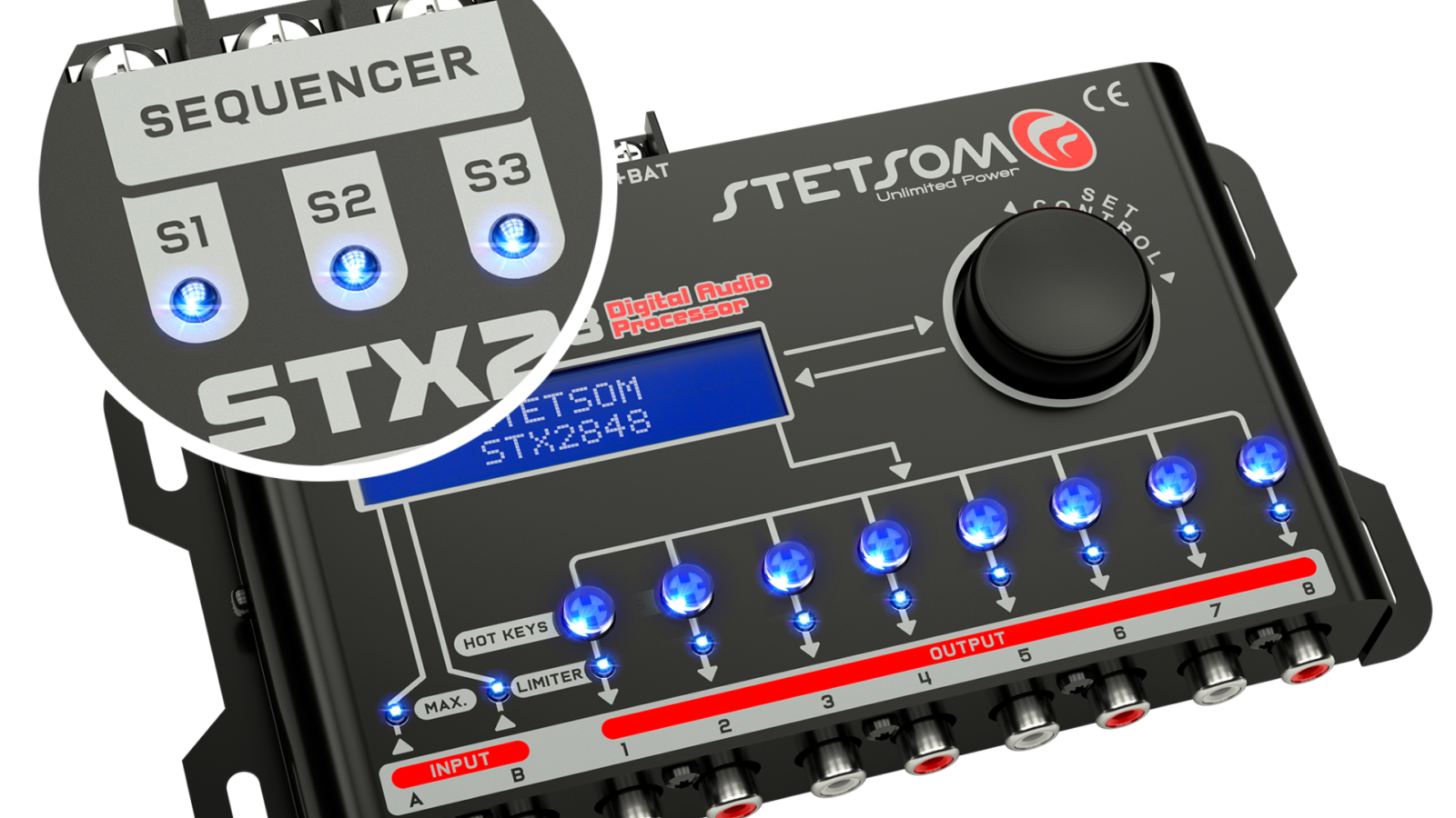 Processador de áudio automotivo Stetsom STX2848 com display LCD