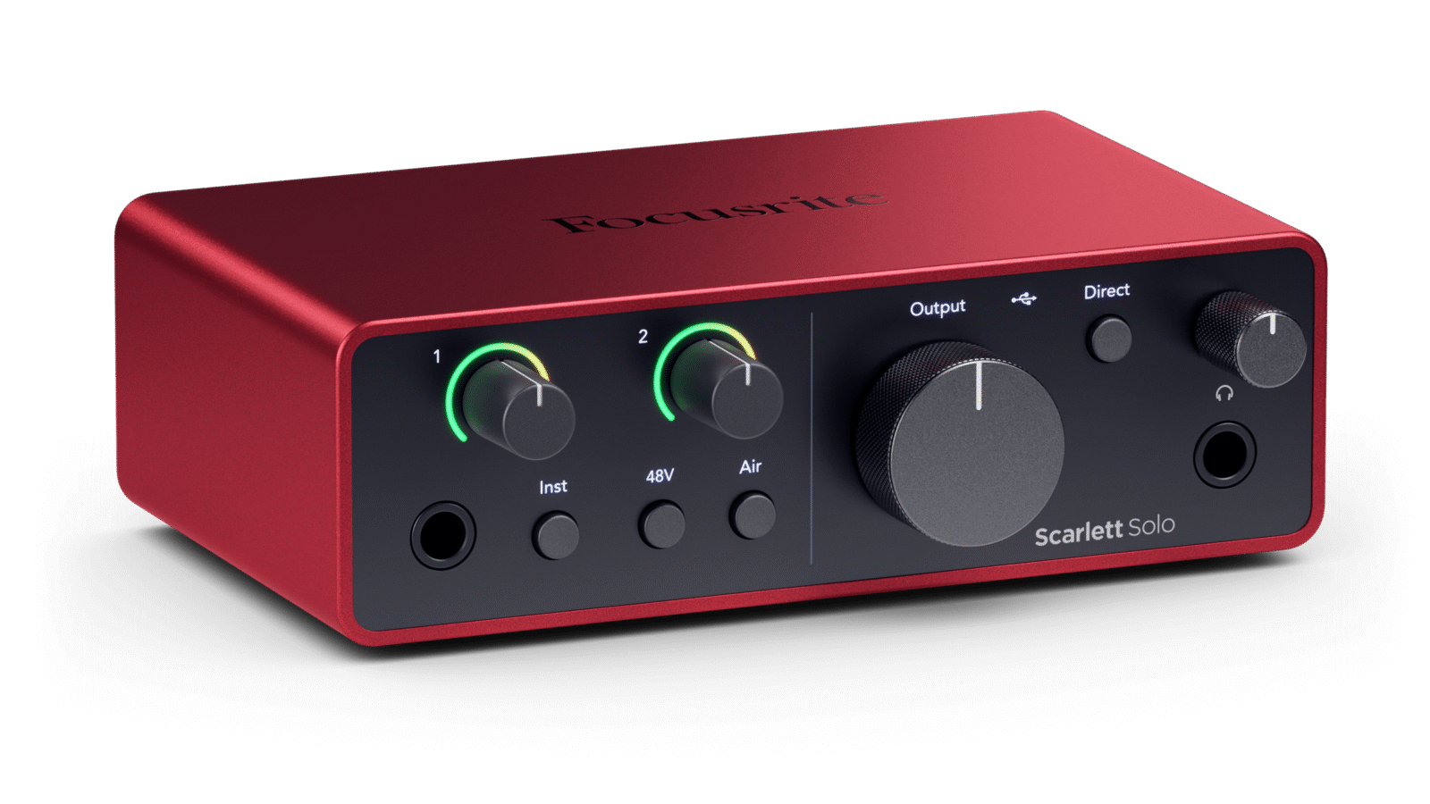 Interface de áudio Focusrite Scarlett Solo de 4ª geração, vermelha, com entrada de instrumento e botões de ganho