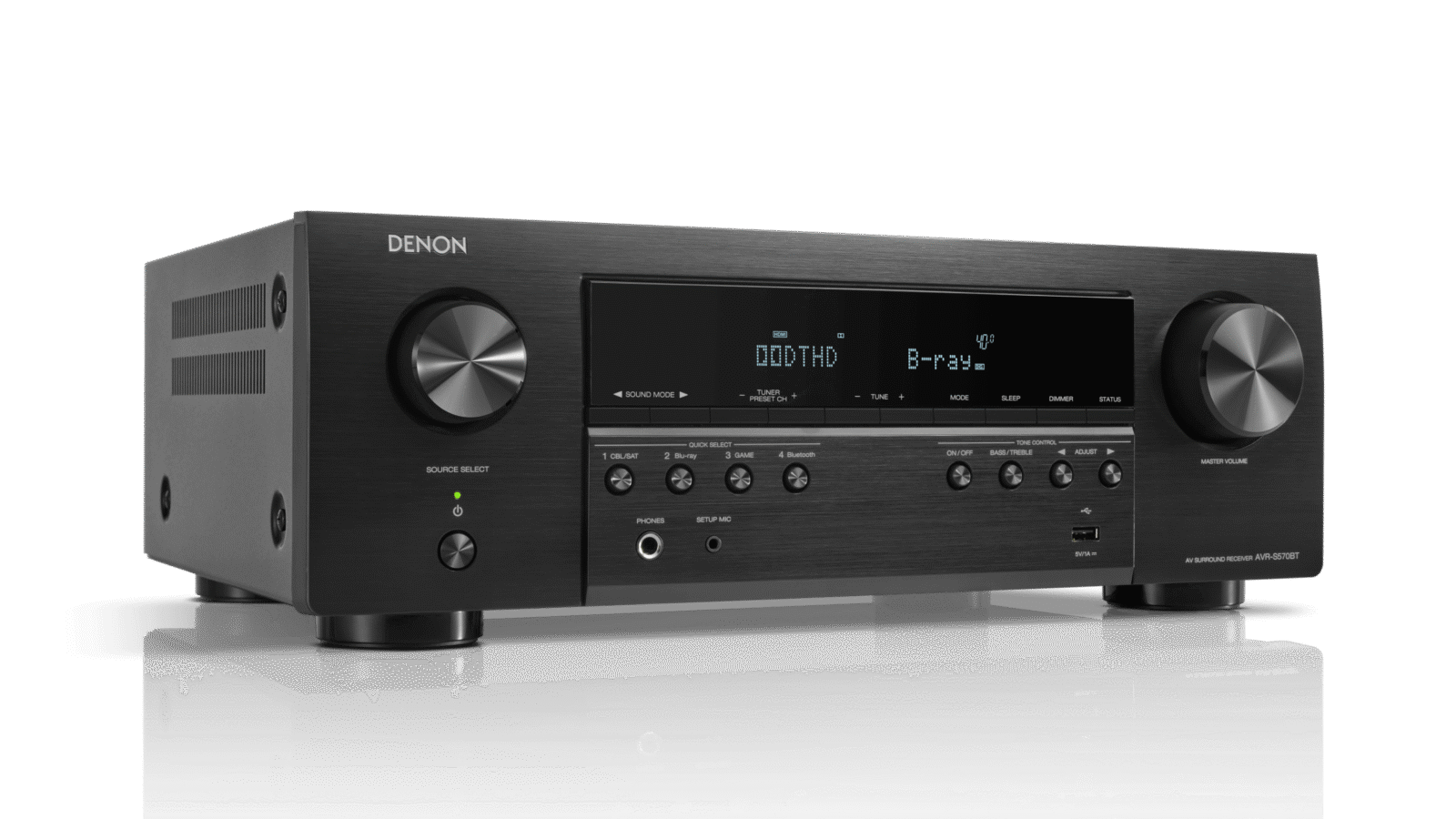 Receiver AV Denon AVR-S570BT preto visto em ângulo, com botões de volume e seleção de fonte no painel frontal