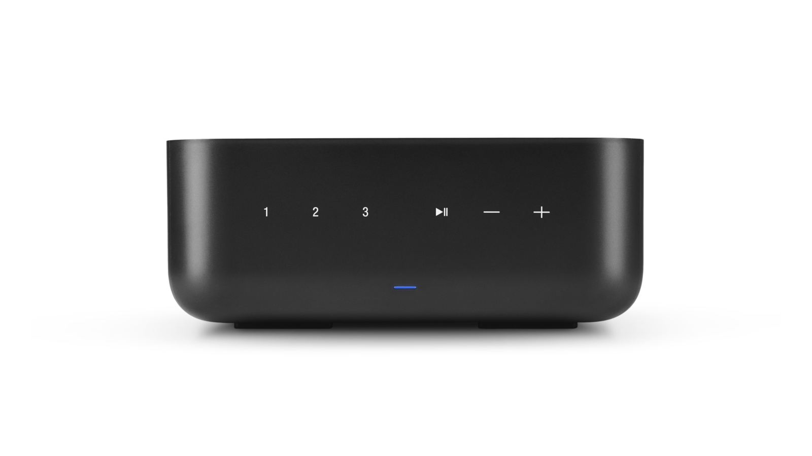 Amplificador de streaming Denon Home Amp preto visto de frente, com botões de toque e LED de status