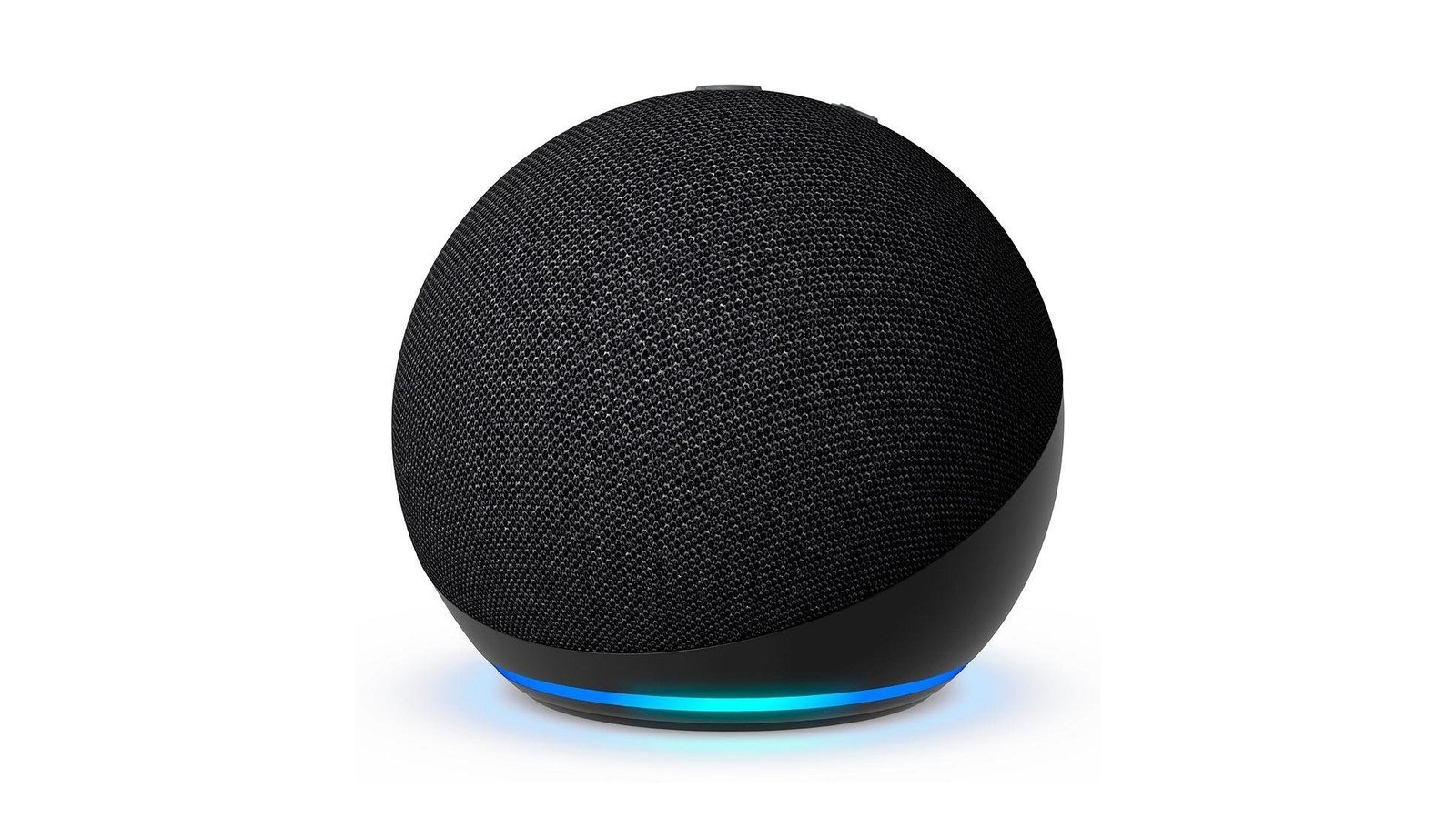 Amazon Echo Dot de 5ª geração original na cor preta, com anel de luz azul na base, sobre fundo branco