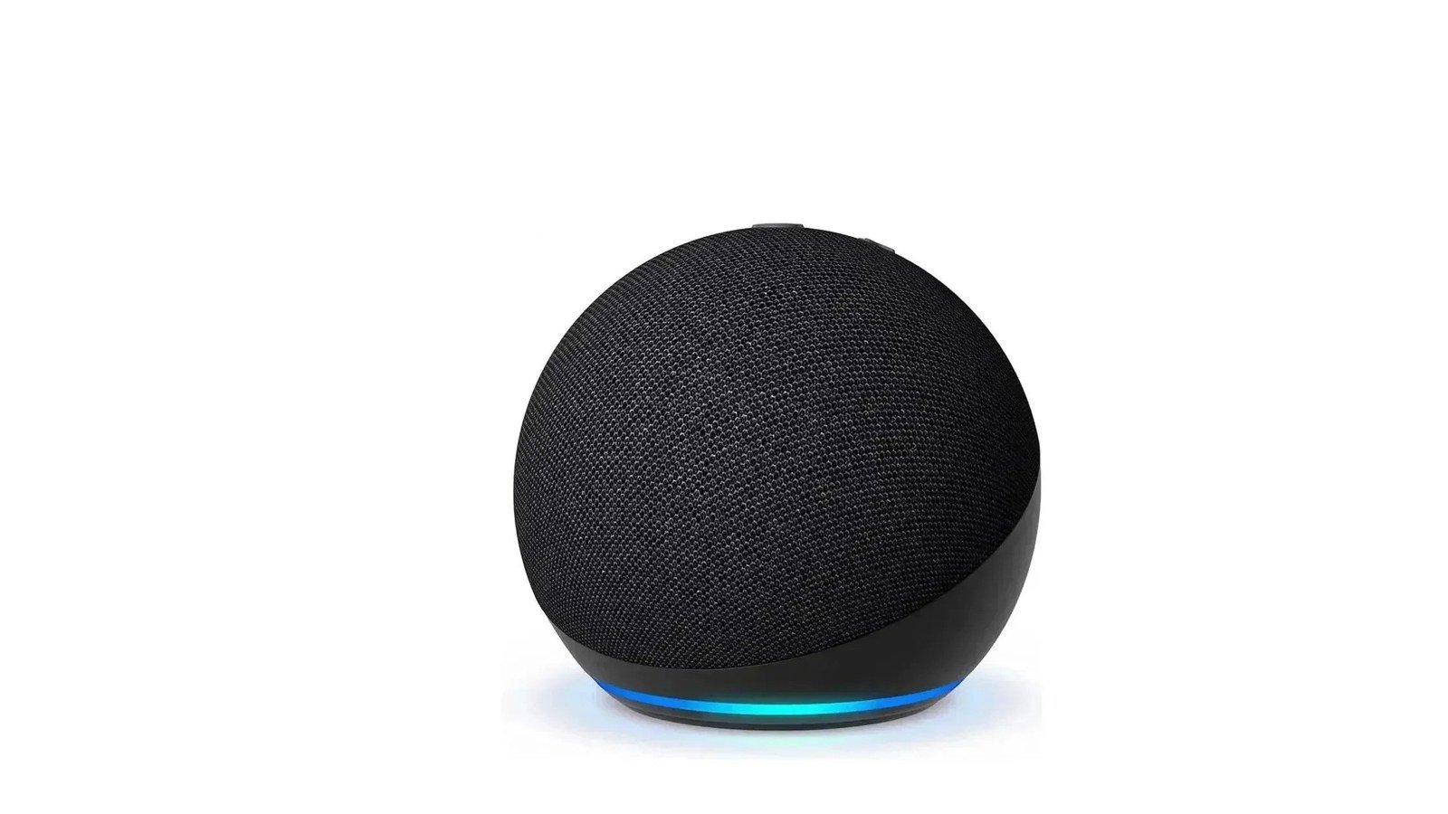 Smart speaker Amazon Echo Dot de 5ª geração preto, com a luz azul da Alexa acesa na base