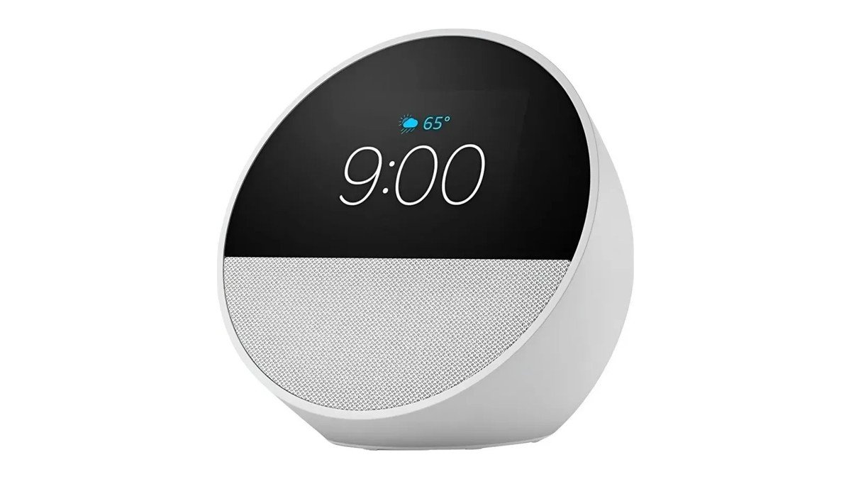 Echo Spot branco com tela redonda mostrando 9:00 e a previsão do tempo, despertador inteligente da Amazon com Alexa