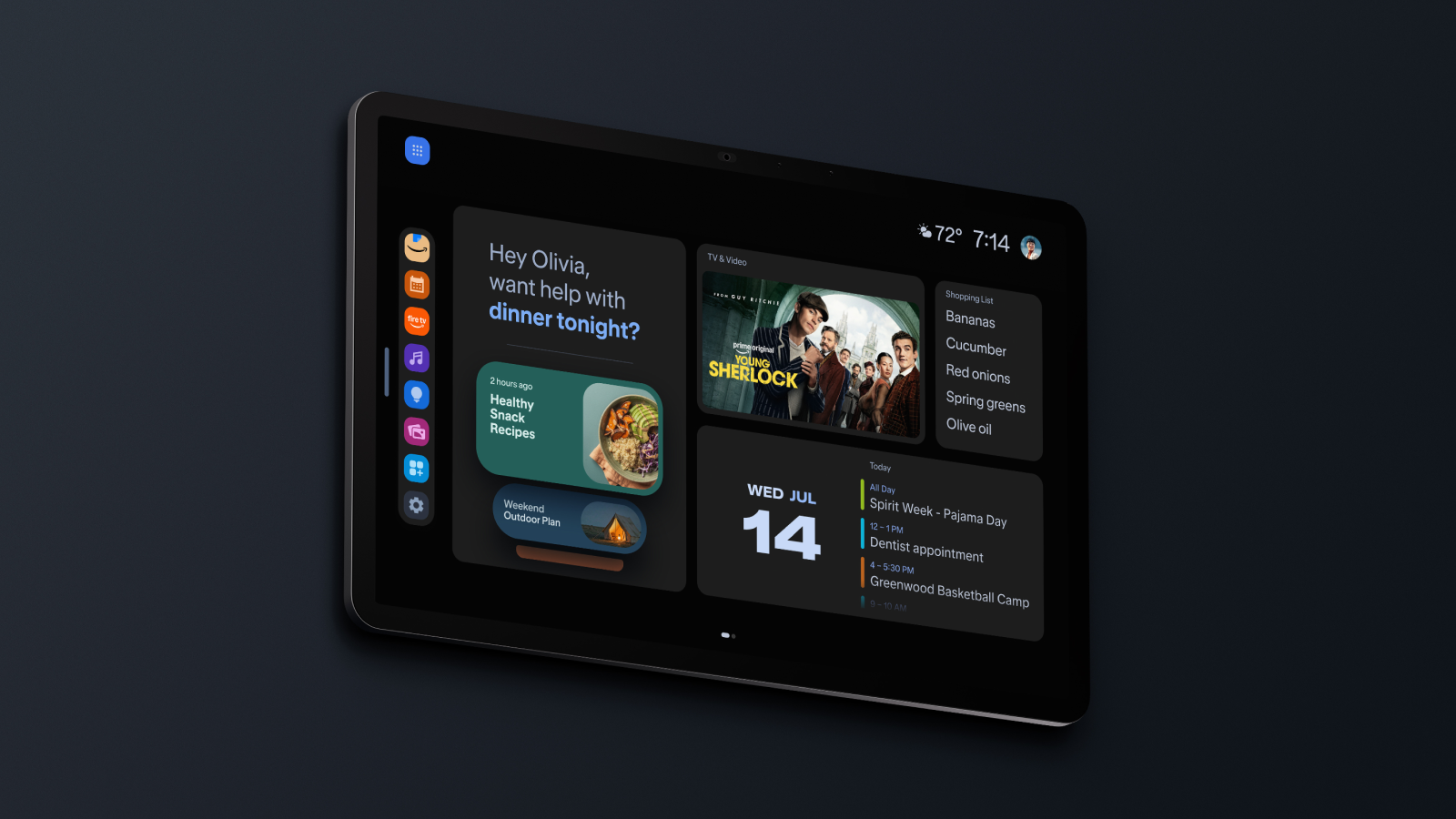 Smart display Amazon Echo Show 16 com moldura preta fina, tela inicial mostrando agenda do dia, lista de compras, receitas e atalhos na barra lateral