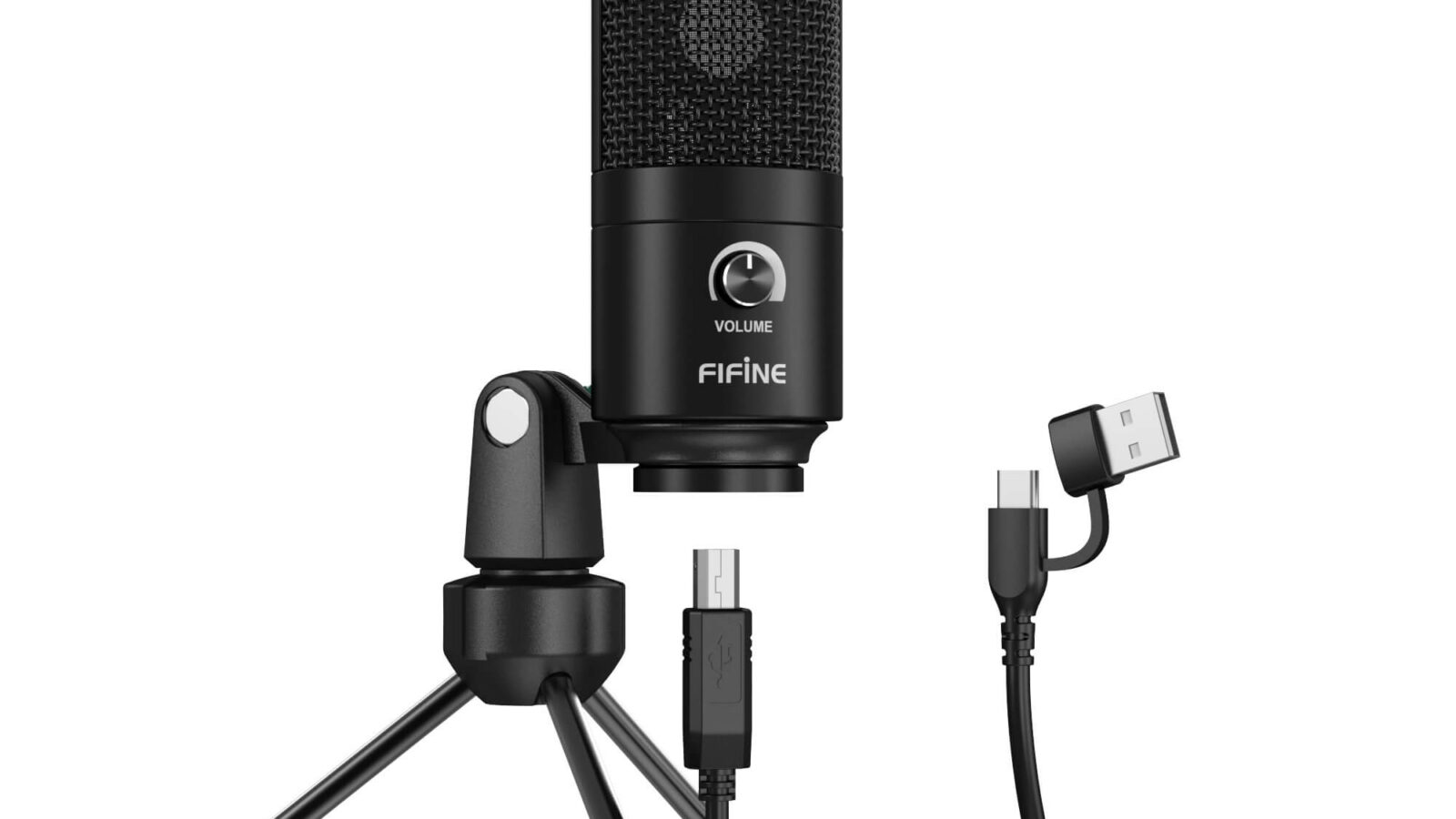 Microfone USB condensador Fifine K669B preto com botão de volume, montado no tripé de metal, ao lado do cabo USB