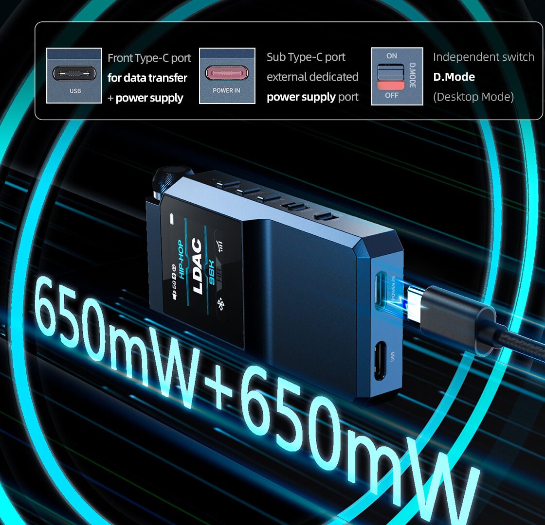 FiiO BTR17 azul com cabo USB-C ligado à porta de alimentação, em imagem oficial do modo desktop de 650 mW