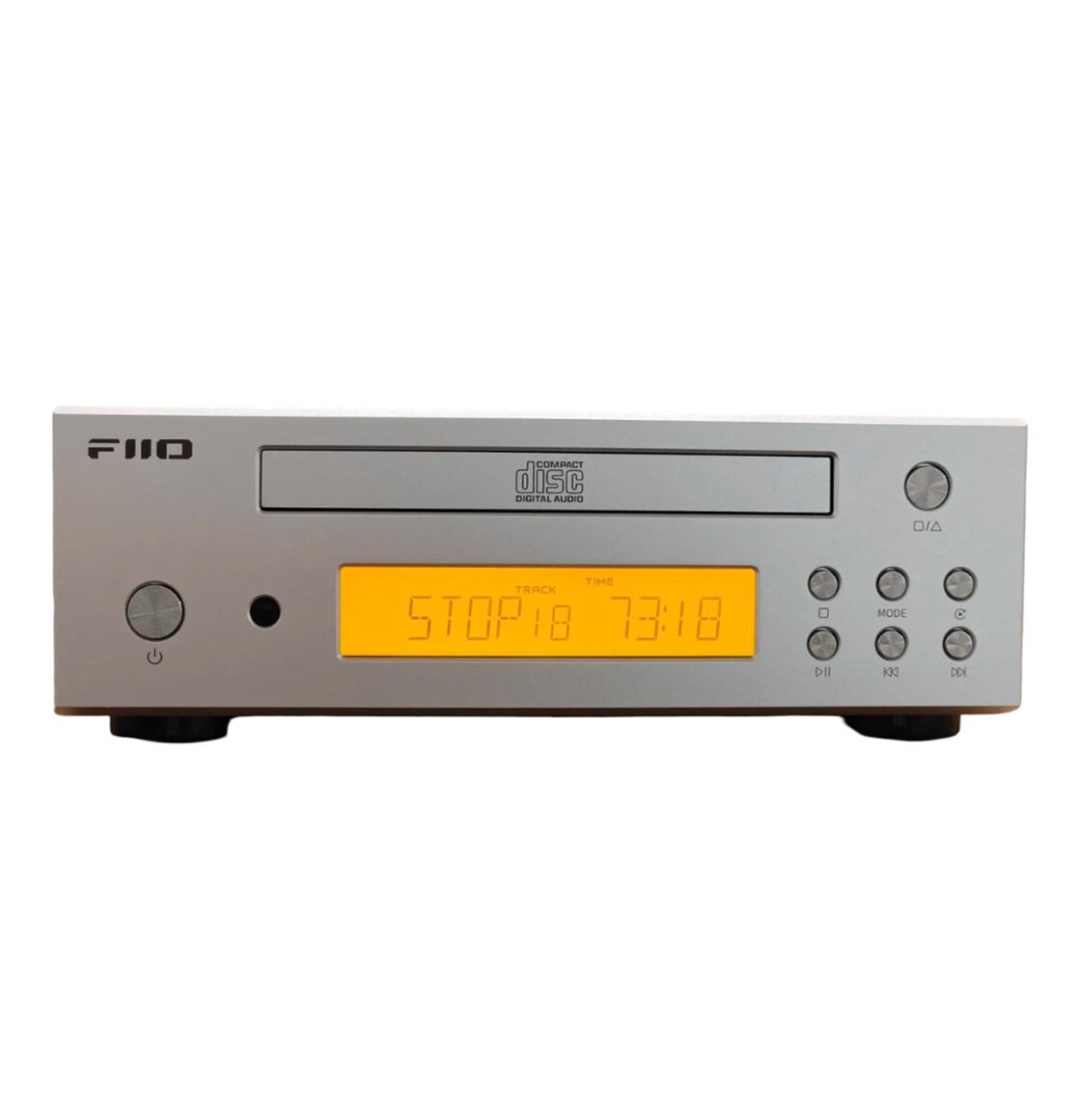 CD player FiiO DP11 prateado com display LCD âmbar e bandeja frontal