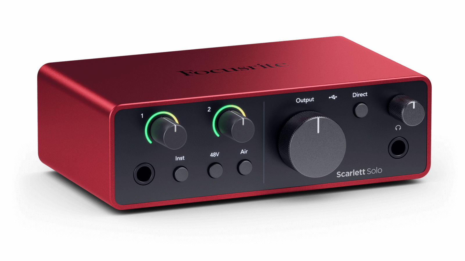 Interface de áudio Focusrite Scarlett Solo 4ª geração vermelha vista de frente