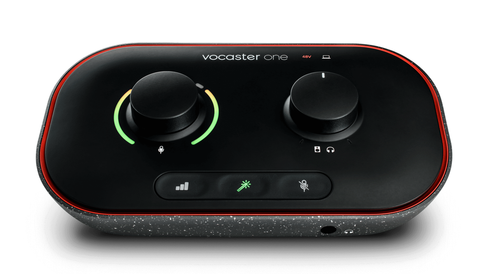 Interface de áudio Focusrite Vocaster One vista de frente em ângulo elevado, com botão de ganho e LEDs