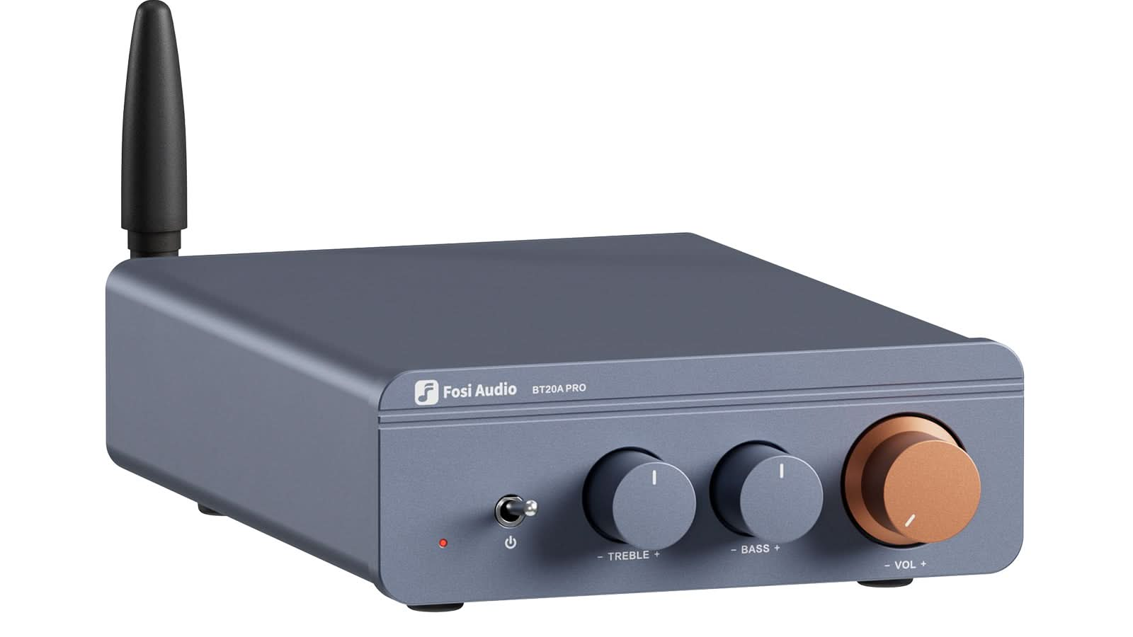 Amplificador estéreo Fosi Audio BT20A Pro com botões de volume, graves e agudos