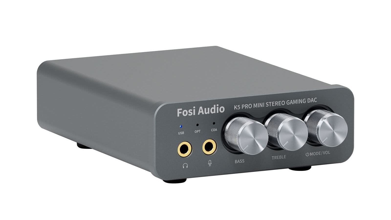 DAC e amplificador de fone Fosi Audio K5 Pro com botões de volume, grave e agudo no painel frontal