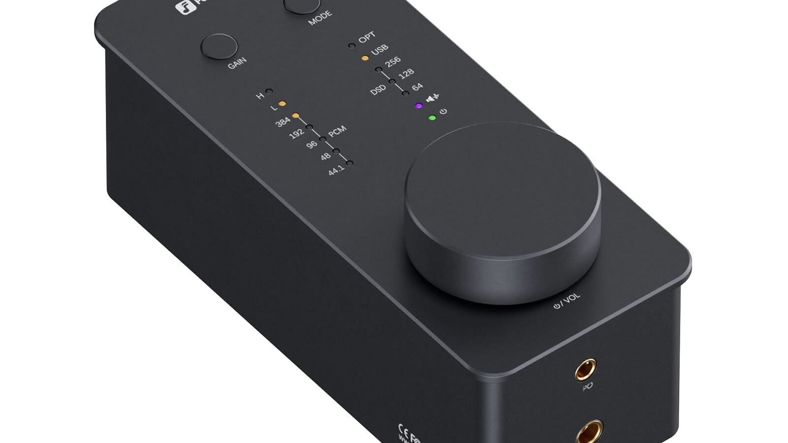 DAC e amplificador de fone Fosi Audio SK02 preto, com knob de volume, botões de ganho e modo, LEDs de taxa de amostragem e saídas P2 e 4,4 mm balanceada