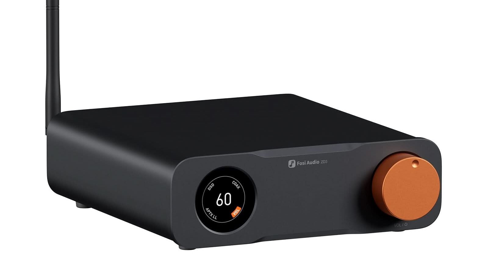 DAC e pré-amplificador de mesa Fosi Audio ZD3 com tela OLED e botão de volume no painel frontal