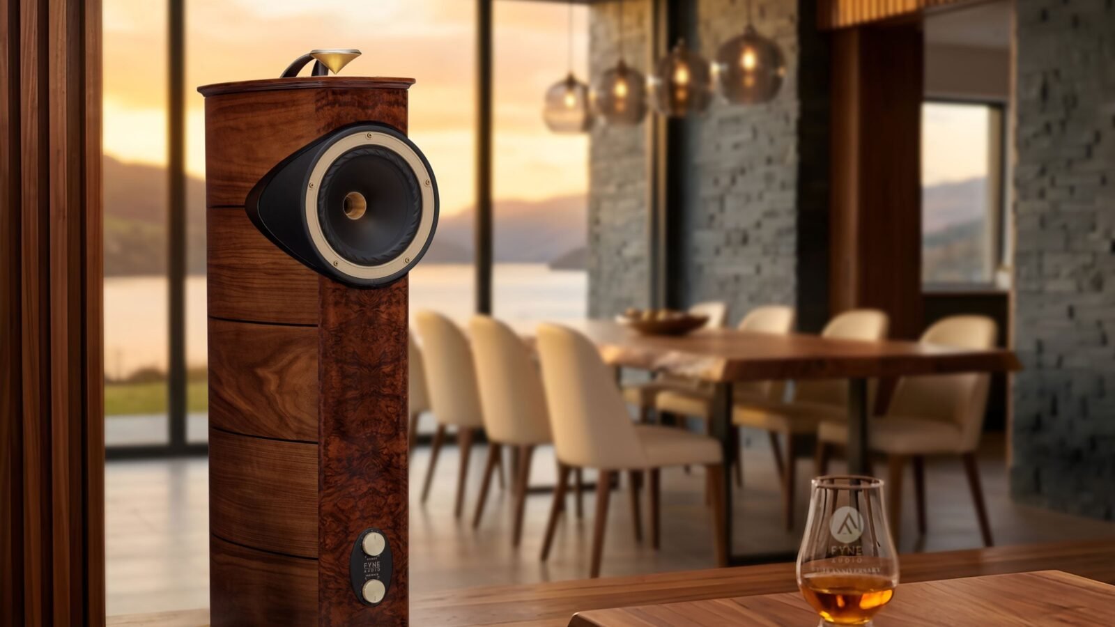 Caixa torre Fyne Audio F1-10 Anniversary em nogueira com alto-falante IsoFlare dourado e super tweeter no topo, numa sala com vista para um lago