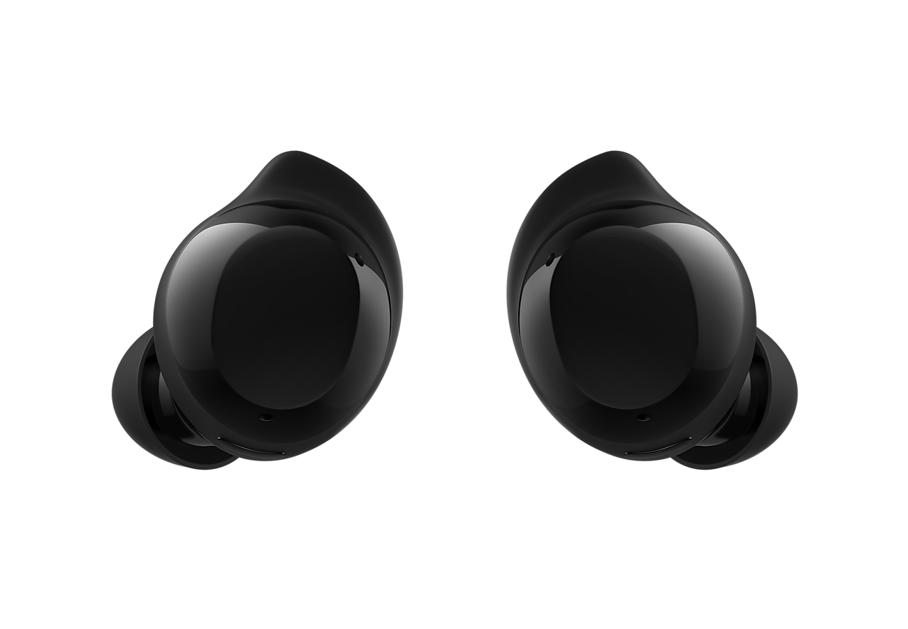 Par de fones Samsung Galaxy Buds Core na cor preta, vistos de frente, sobre fundo branco