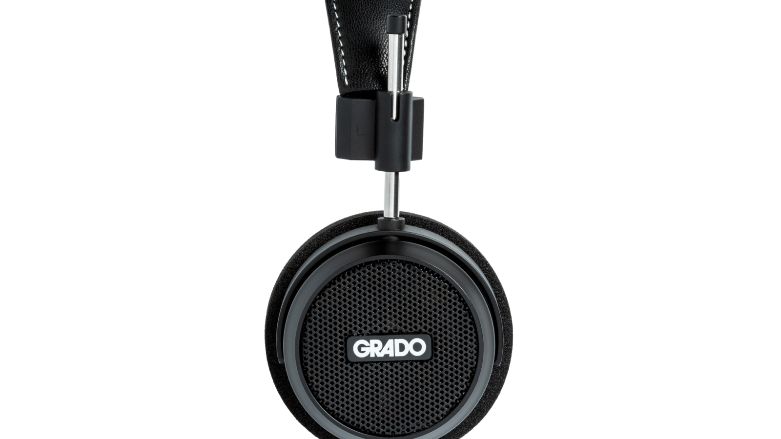 Headphone Grado Signature S150 preto visto de lado, com arco de couro, haste de aço e concha com grade e logotipo Grado