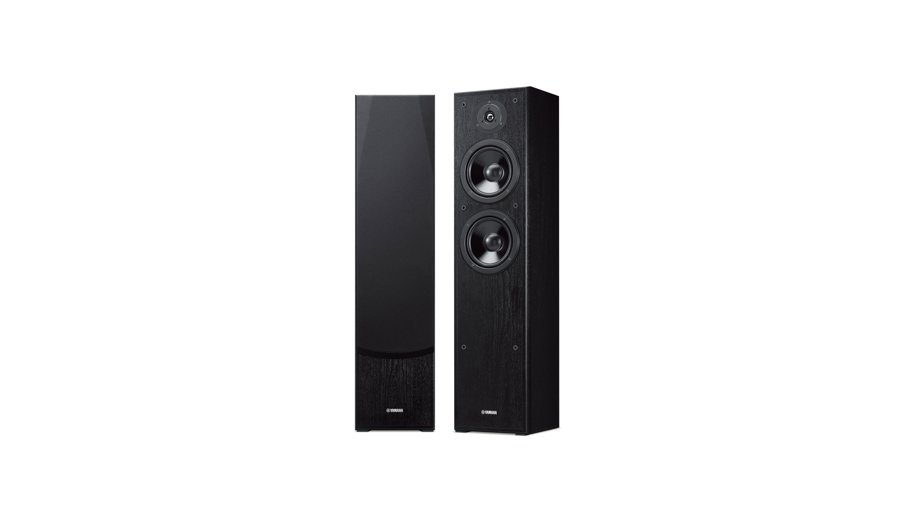 Par de caixas torre Yamaha NS-F51, com e sem tela — divulgação oficial Yamaha