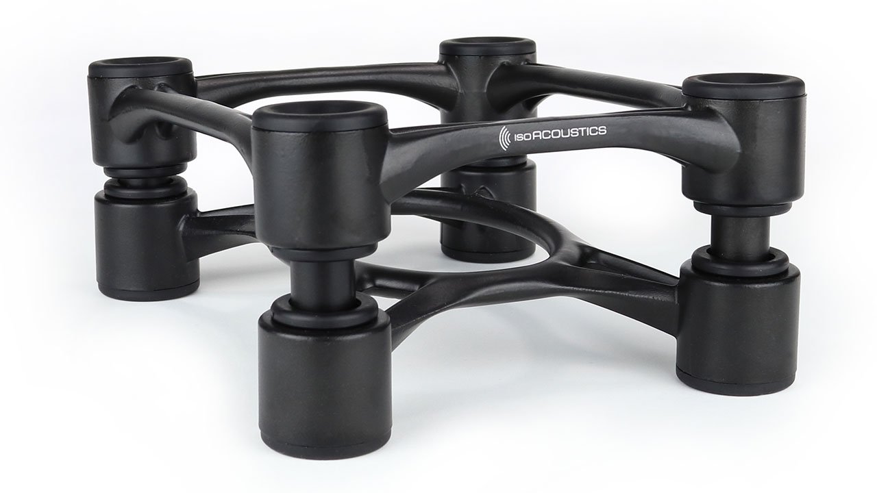 Suportes isoladores IsoAcoustics Aperta sob caixas acústicas, foto de divulgação do fabricante