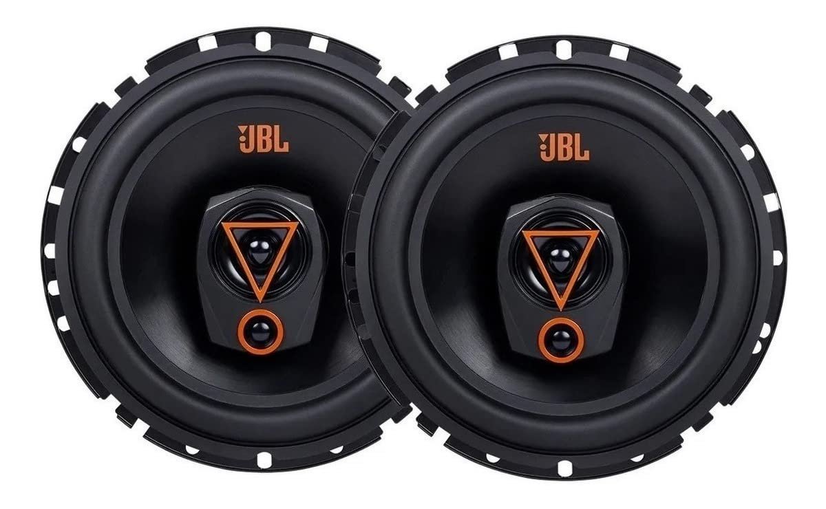 Par de alto-falantes triaxiais JBL Multisystem 6TRMS80 de 6 polegadas, pretos com detalhes laranja no tweeter e no médio