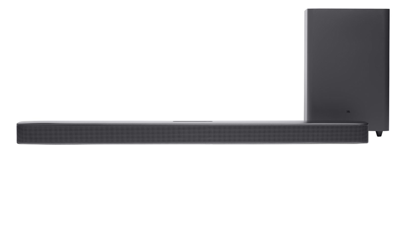 Soundbar JBL Bar 2.1 Deep Bass preta vista de frente, com o subwoofer sem fio ao lado