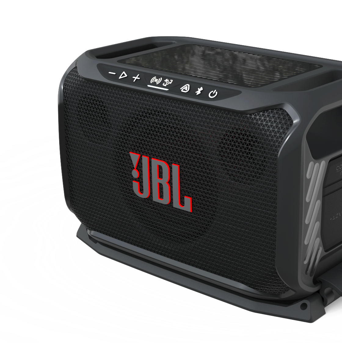 Subwoofer e caixa Bluetooth portátil JBL BassPro Go2 preto, com logotipo vermelho, alças laterais e base de fixação de 12 V
