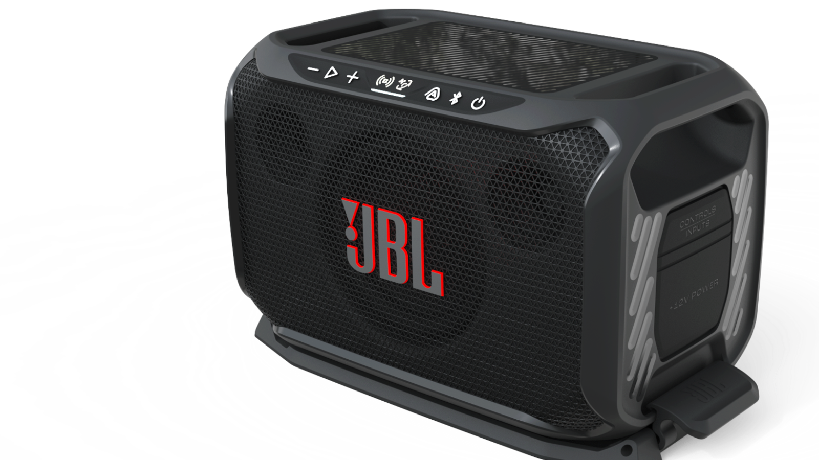 Subwoofer e caixa Bluetooth portátil JBL BassPro Go2 preto, com logotipo vermelho, alças laterais e base de fixação de 12 V