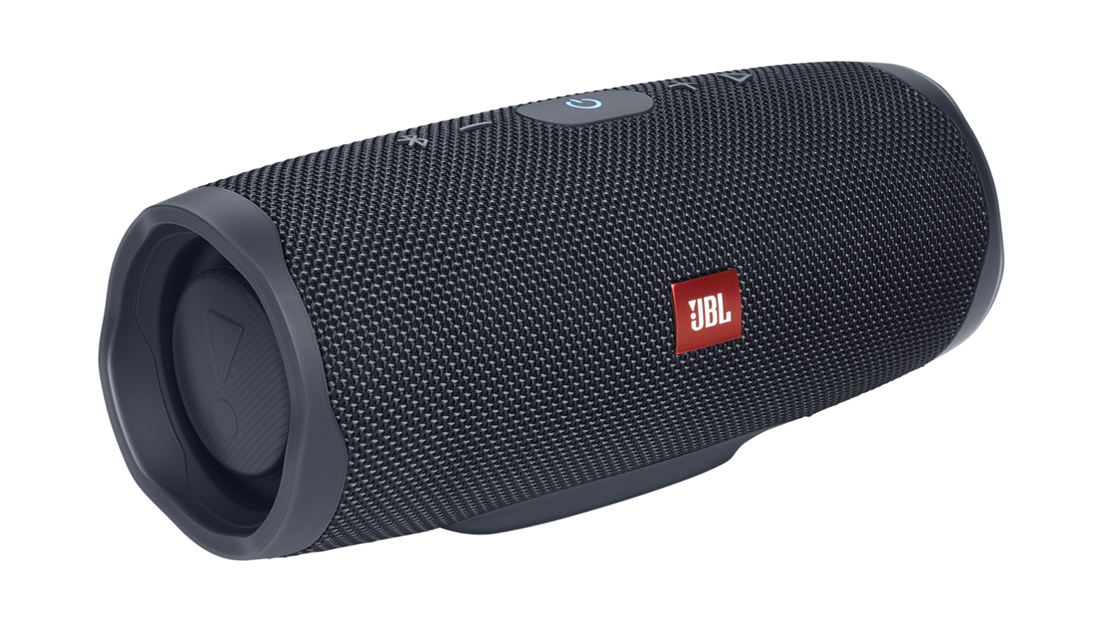 Caixa de som Bluetooth JBL Charge Essential 2 cinza em formato cilíndrico, vista de frente com o logotipo JBL