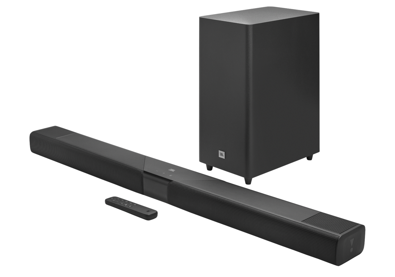 Soundbar JBL Cinema SB595MK2 com subwoofer sem fio, em imagem oficial da JBL