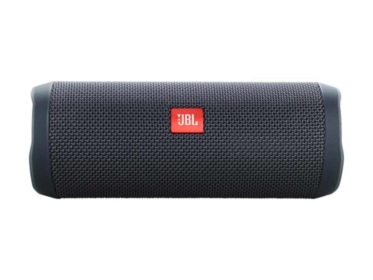 Caixa de som Bluetooth JBL Flip Essential 2 preta vista de frente, com grade de tecido e logo vermelho da JBL