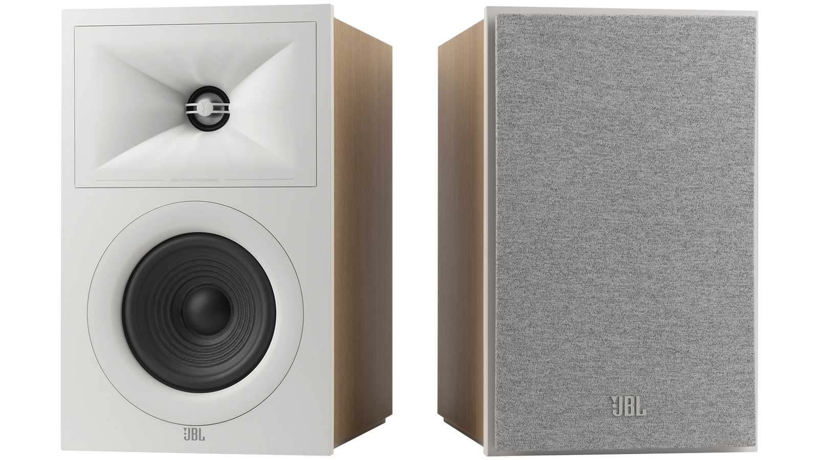 Par de caixas bookshelf JBL Stage 250B no acabamento Latte, com tweeter de alumínio em guia de onda e woofer de 5,25 polegadas