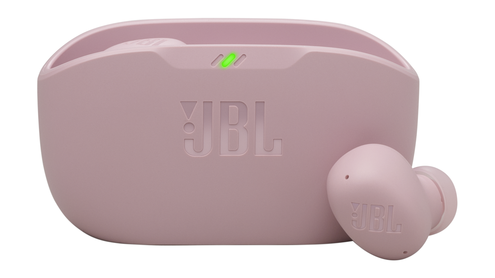 Fone TWS JBL Wave Buds 2 rosa com estojo de recarga e um fone ao lado