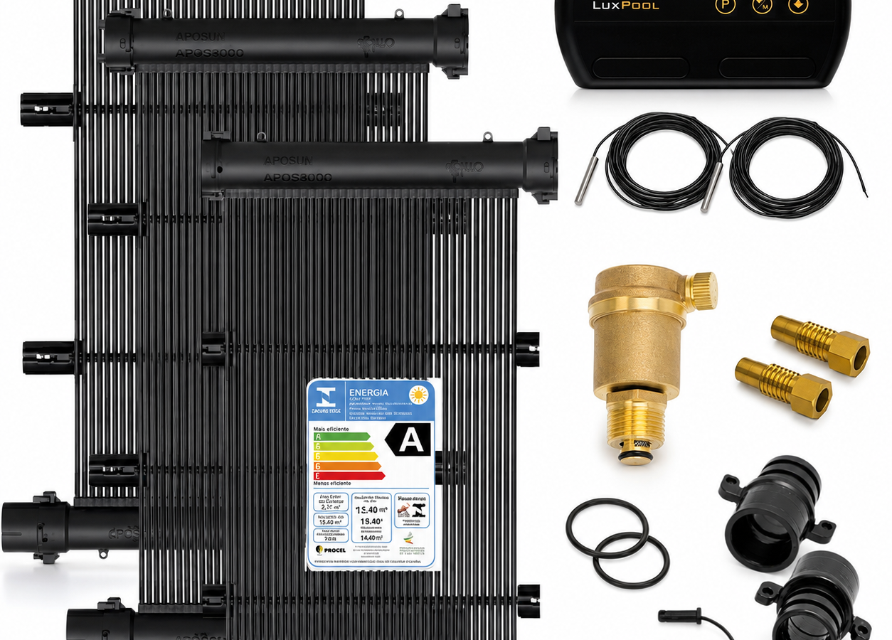 Kit de aquecimento solar para piscina com coletores pretos de polipropileno, etiqueta de eficiência classe A, controlador digital de temperatura LuxPool marcando 33.0, válvula de latão, conexões e cabos de sensor