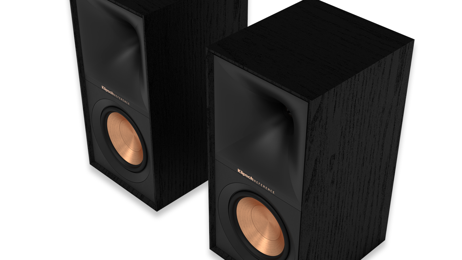 Par de caixas Klipsch R-50M pretas, sem grade, mostrando a corneta Tractrix e o woofer cor de cobre