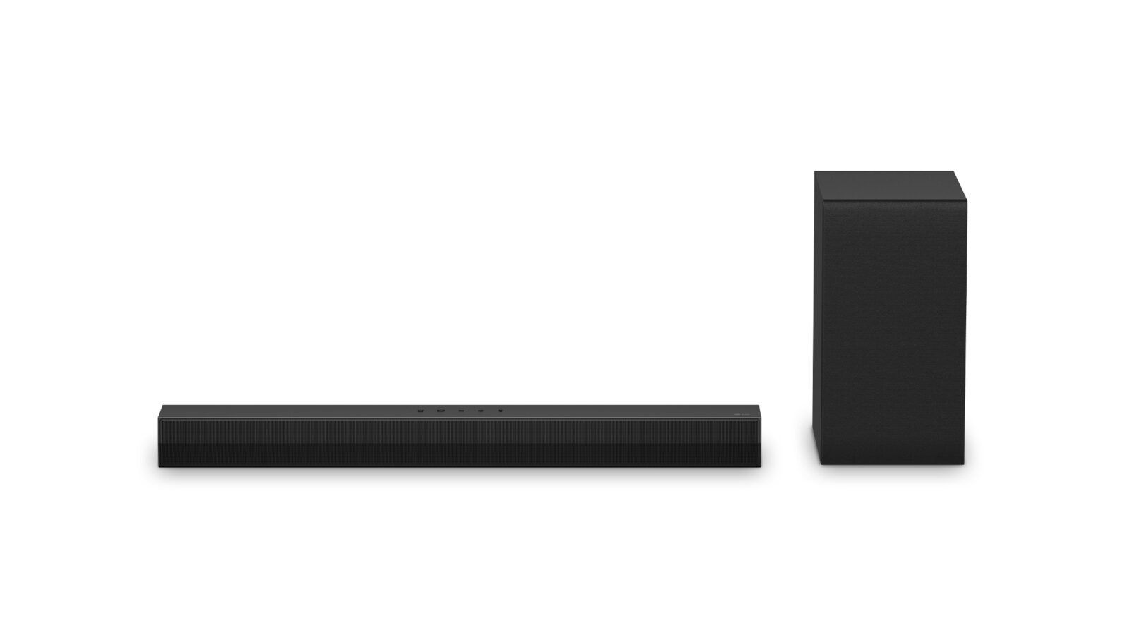 Soundbar LG S40T preta ao lado do subwoofer sem fio, em fundo branco