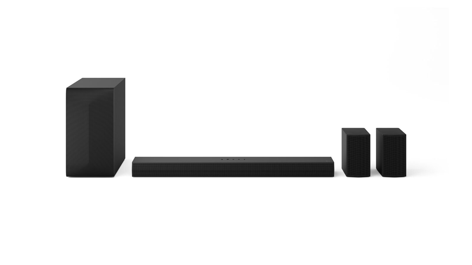 Soundbar LG S60TR com subwoofer sem fio à esquerda e duas caixas traseiras à direita, em fundo branco