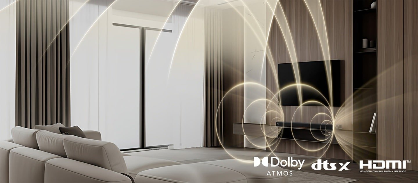 Soundbar LG Sound Suite H7 com subwoofer W7 e caixas M7 em sala de estar, imagem oficial da LG
