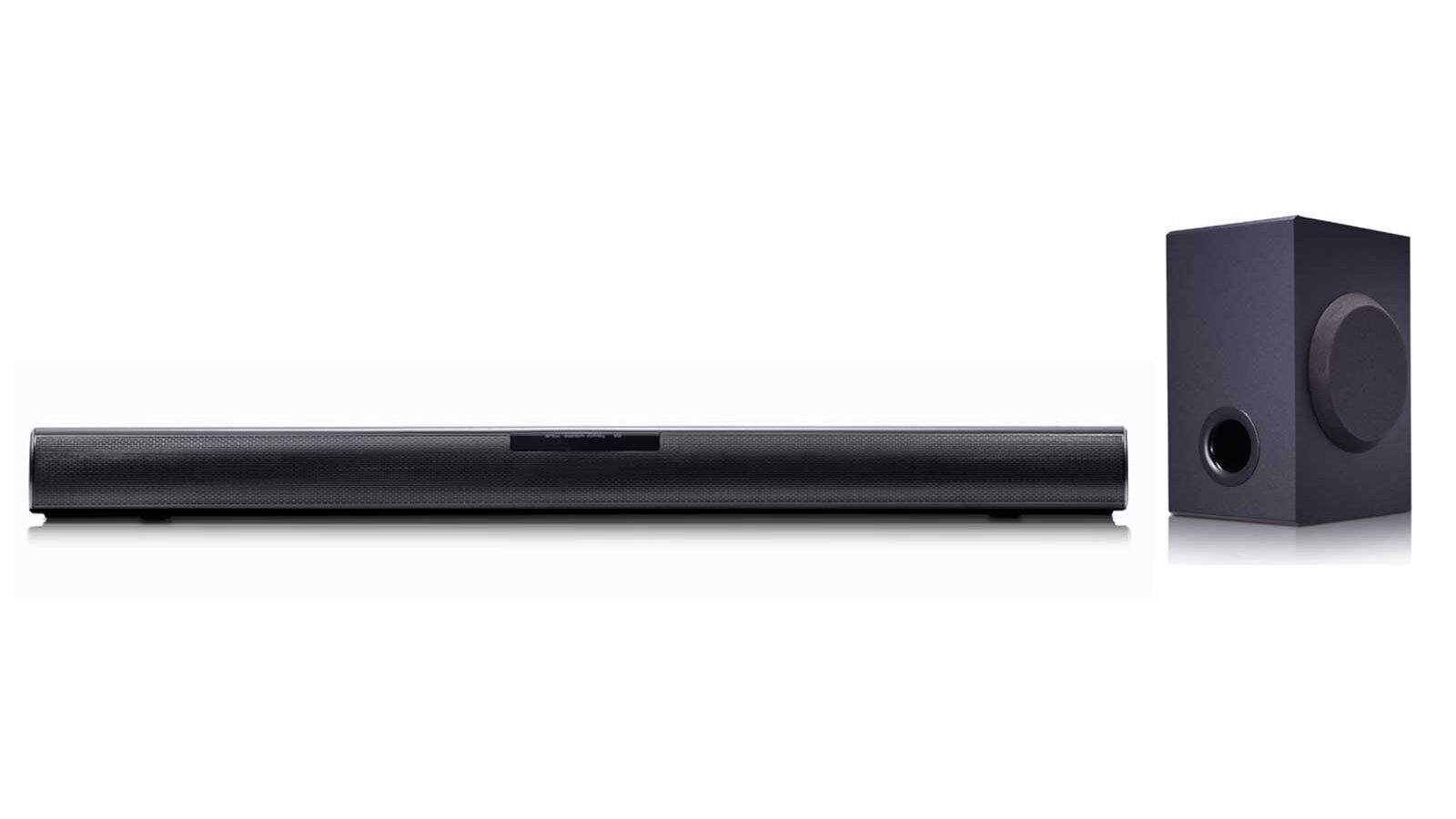 Soundbar LG SQC1 preta com subwoofer sem fio, foto oficial da LG Brasil
