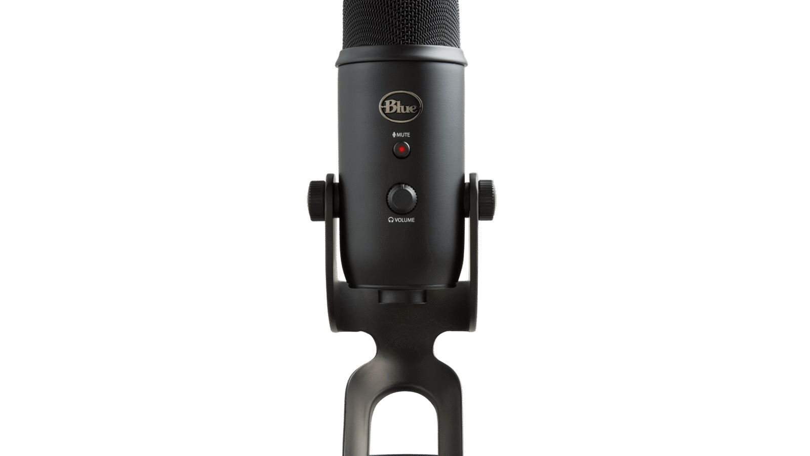 Microfone USB Logitech G Yeti preto na base de mesa, visto de frente, com botão de mute e controle de volume do fone