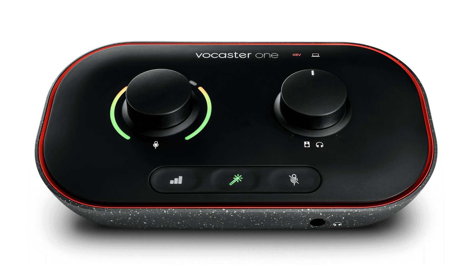 Interface de áudio Focusrite Vocaster One preta com borda vermelha, botões de ganho e volume e teclas de Auto Gain, Enhance e mudo