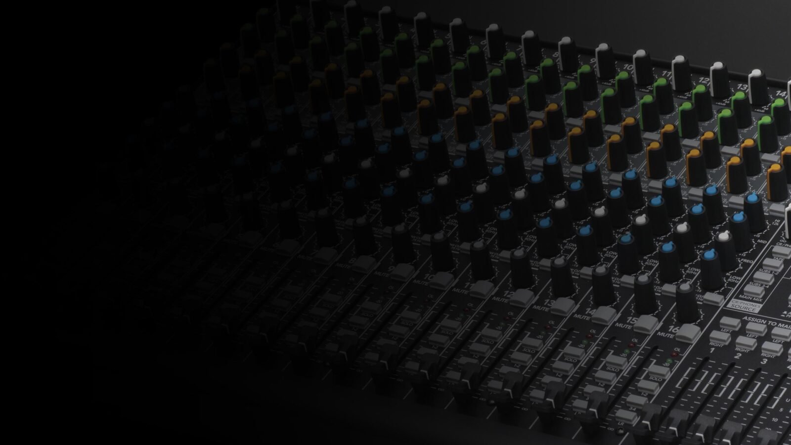 Close de mesa de som analógica Mackie da linha VLZ4, com botões coloridos de ganho, equalização e auxiliares e faders de canal