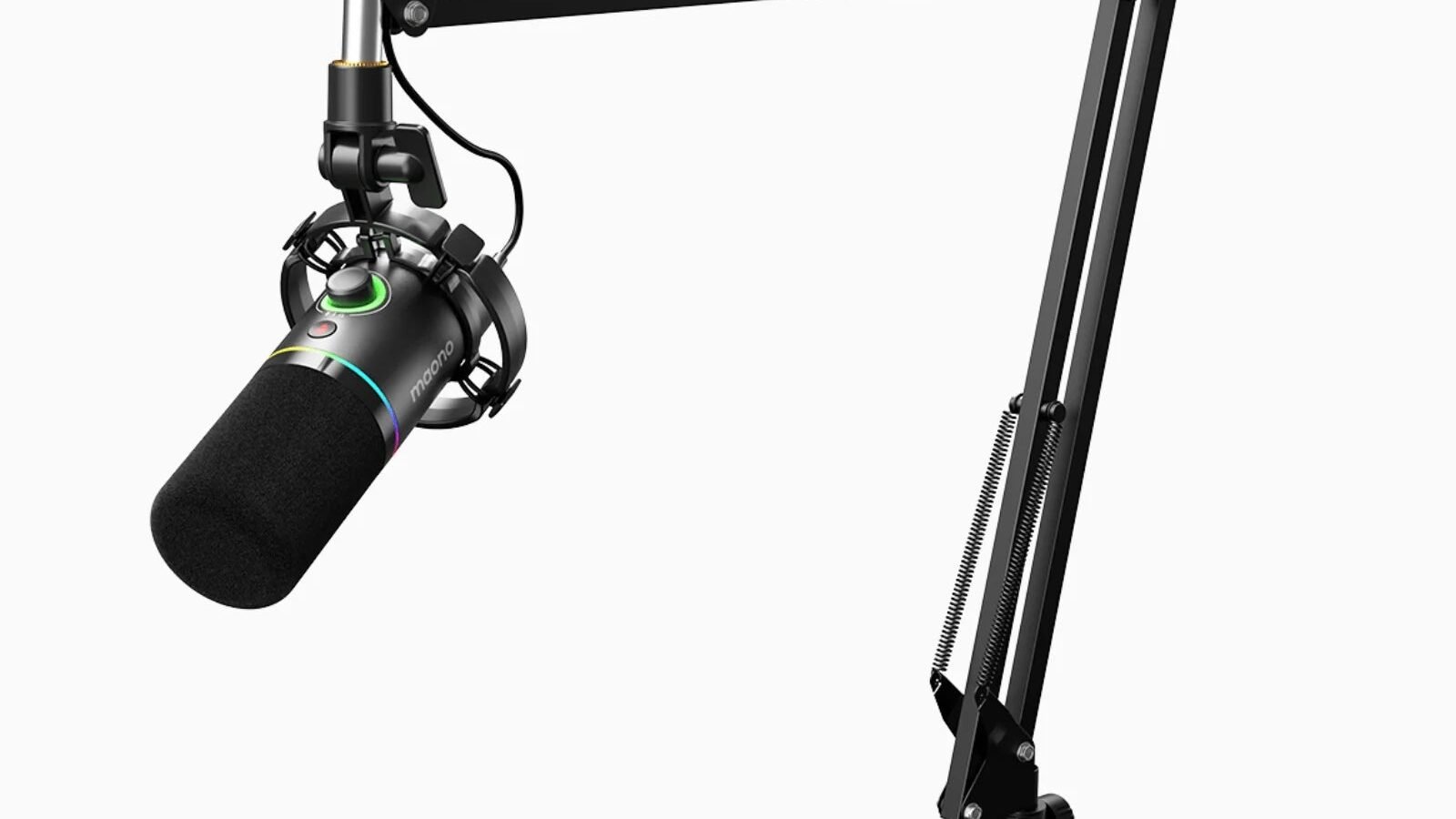 Microfone dinâmico Maono PD200X preto com iluminação RGB montado em braço articulado