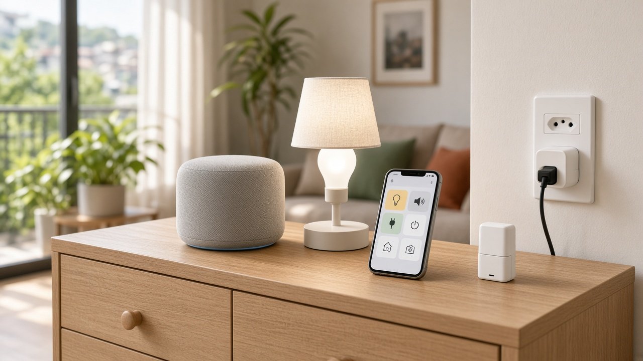 Smart speaker usado como hub de casa inteligente sobre um aparador, ao lado de lâmpada inteligente, tomada inteligente, sensor de porta e celular com o app de controle da casa