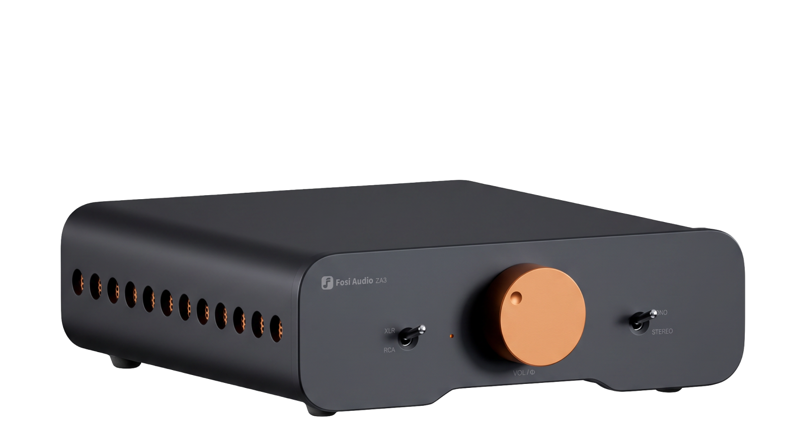 Amplificador compacto Fosi Audio ZA3 com chassi de alumínio, em foto de divulgação do fabricante