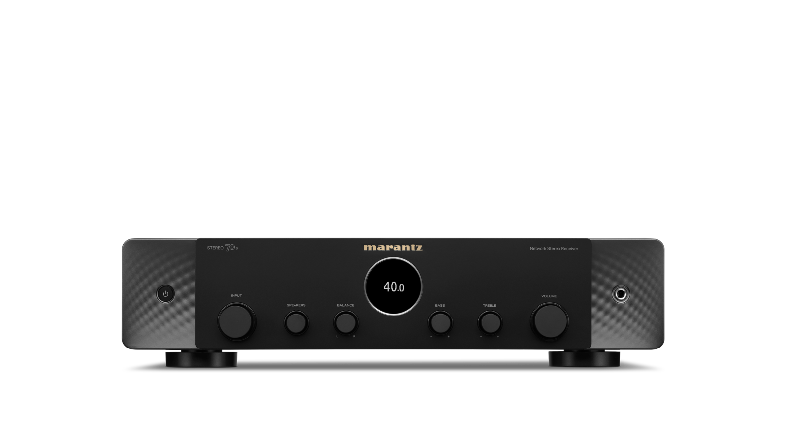 Receiver estéreo Marantz STEREO 70s preto visto de frente, com display central e botões de volume e seletor de entrada