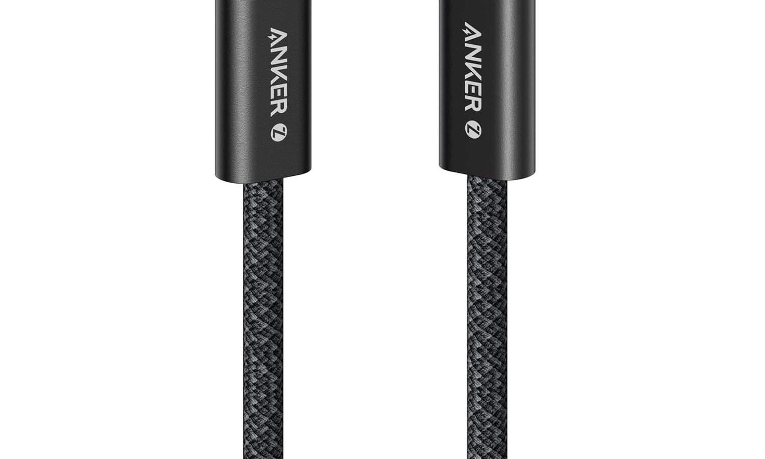 Cabo USB-C para USB-C Anker preto com revestimento trançado, mostrando os dois conectores